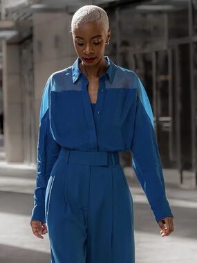 The Drop Women's Blue Sapphire Button Up Shirt with Organza Yoke